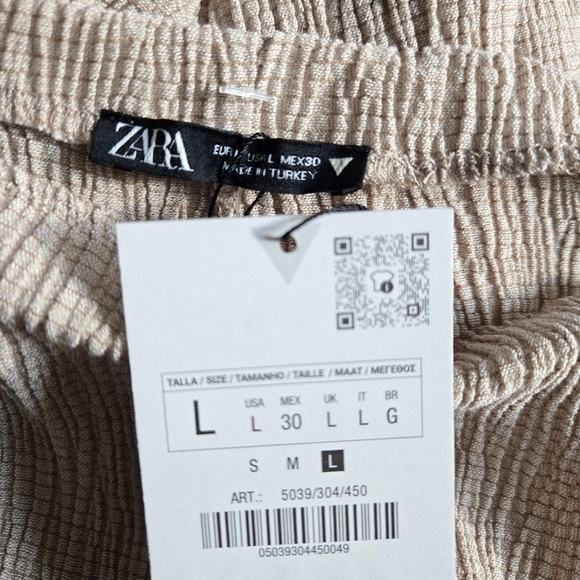 New Zara Textured Pull-On Elastic Waistband Wide Leg Beige Pants Size Large NWT - Picture 7 of 8